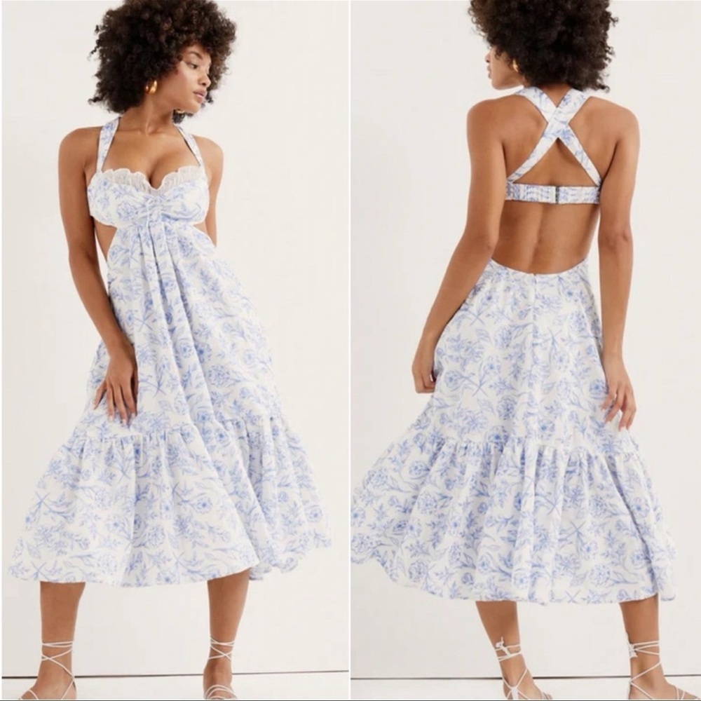 For Love & Lemons Maisie Midi Dress Blue and White Backless